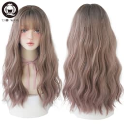 7JHHWIGS Long Wavy Synthetic Black Wigs For Women With Fringe Fashion Heat Resistant Mid-Length Daily Straight Light Brown Hair