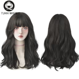 7JHHWIGS Long Wavy Synthetic Black Wigs For Women With Fringe Fashion Heat Resistant Mid-Length Daily Straight Light Brown Hair