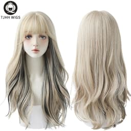 7JHHWIGS Long Wavy Synthetic Black Wigs For Women With Fringe Fashion Heat Resistant Mid-Length Daily Straight Light Brown Hair
