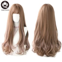 7JHHWIGS Long Wavy Synthetic Black Wigs For Women With Fringe Fashion Heat Resistant Mid-Length Daily Straight Light Brown Hair