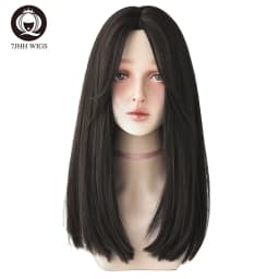 7JHHWIGS Long Wavy Synthetic Black Wigs For Women With Fringe Fashion Heat Resistant Mid-Length Daily Straight Light Brown Hair