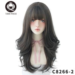 7JHHWIGS Long Wavy Synthetic Black Wigs For Women With Fringe Fashion Heat Resistant Mid-Length Daily Straight Light Brown Hair