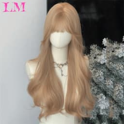 LM Curly Long Wavy Black Blonde Highlights Synthetic Hybrid Wig With Fluffy Bangs Suitable For Women Daily Use