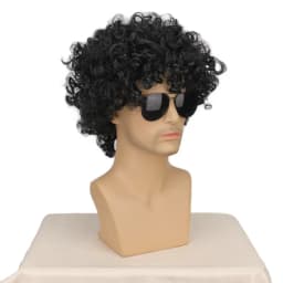 Short Black Curly Rocker Disco Wig with Glasses Boys Wet Look Wig 70s Mullet Wig Michael Jackson Role Play Synthetic Wig For Men