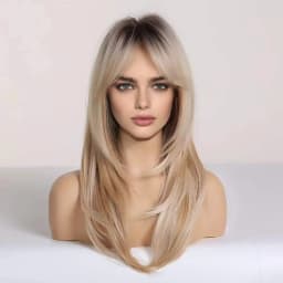 Long Blonde Golden Straight Synthetic Wigs for Women Mid-Length Natural Layered Hair Wig Side Bangs Daily Cosplay Heat Resistant