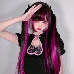 24' Synthetic Red Purple Wigs for Women Hime Cut Fringe Bangs Split Dye Halloween Party Cosplay Items Wig Half and Half Color