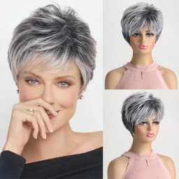 Short Natural Wigs with Bangs Soft Mommy Hair Daily Use Short Grey Ombre Curly Synthetic Hair Costume Party Wig for Women