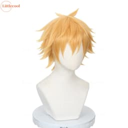 High Quality Denji Cosplay Wig Short Layered Golden Heat Resistant Synthetic Hair Halloween Carnival Anime Wigs + Wig Cap