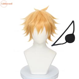 High Quality Denji Cosplay Wig Short Layered Golden Heat Resistant Synthetic Hair Halloween Carnival Anime Wigs + Wig Cap