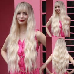 Long Water Wave Orange Synthetic Wigs for Women Wavy Natural Hair Wigs with Long Bangs Cosplay Party Wigs Heat Resistant