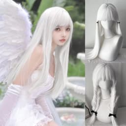 White Long Straight Wigs for Women with Bangs Natural Looking Synthetic Hair Wig for Halloween Cosplay Daily Use