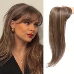 Synthetic Long Straight Topper Hair Piece With Bangs Invisible Seamless Clip Overhead Toupee Replacement block Cover White Hair