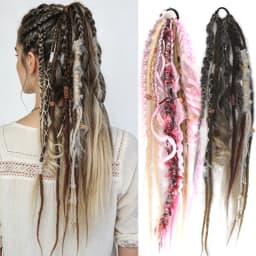 24 Inch Synthetic Boho Dread Ponytail Clip In Viking Braid With Shell Charm Beads Hair Extensions For Women