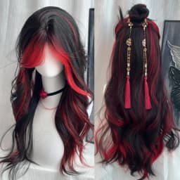 Black Ombre Red Layered Wig Synthetic Long Wavy Women Fluffy Lolita Style Cosplay Wig Middle Part for Daily Party