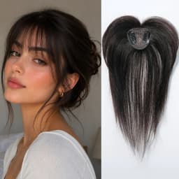 10 Inch Natural Black 100% Human Hair Topper with Bangs Straight Clip in Hairpiece for Women Thinning Hair Toppers