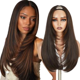 Highlight Brown U Part Wigs for Black Women Straight V Part Wig Half Wig | 24 Inch Yaki Straight Synthetic Wig Glueless