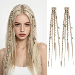 Clip in Braid Hair Extensions for Women, 20" Boho Dreadlock Clip in Braids with Beads & Charms, 2PCS Synthetic Braided Hairpiece