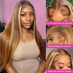 Highlight P4/27 Blended Human Hair Wig - 250% Density Piano Color Straight Hair - Pre-Plucked Hairline And Baby Hair -Ready To Wear Instantly Without Glue - Multiple Sizes Human Hair Wig For Women