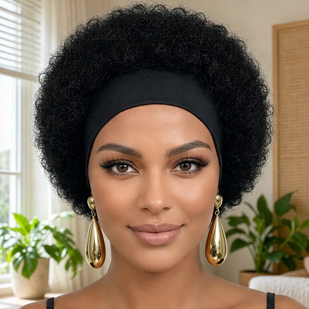 Fluffy Afro Kinky Curly Headband Human Hair Wig, Full Machine Made Soft Voluminous Curly Wig, Easy Install Daily Fashion Headban