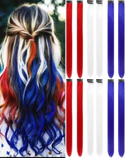 12 PCS Synthetic Hairpiece Black Hair Extensions Clip in, Colored Party Highlights Extension for Girls Women Straight 22 inch