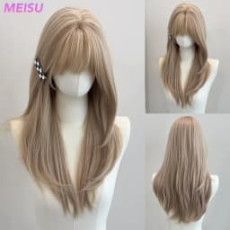 MEISU 22 Inch Synthetic Air Bangs Wig Straight Layered Straight Wigs Fiber Heat-resistant Party or Selfie For Women Daily Use