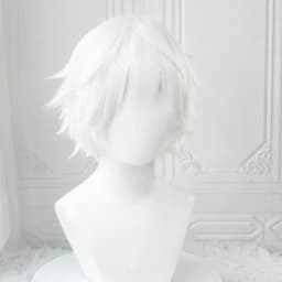 Anime Kaneki Ken Cosplay Wigs Short White Fluffy Wigs Eye Patch Heat Resistant Synthetic Hair Party Role Play Wig with Bangs
