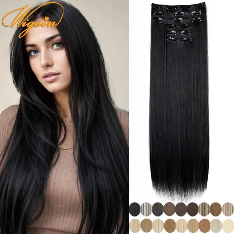 WIGSIN Synthetic 6pcs/set 24Inch Long Straight Hair Extensions Clip-in Heat Resistant Black Blonde Hairpiece for Women