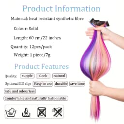 22 inches12pcs/pack Colored Party Synthetic Clip in Hair Extensions for Girls Multi-colors Straight Hair Synthetic Hairpieces