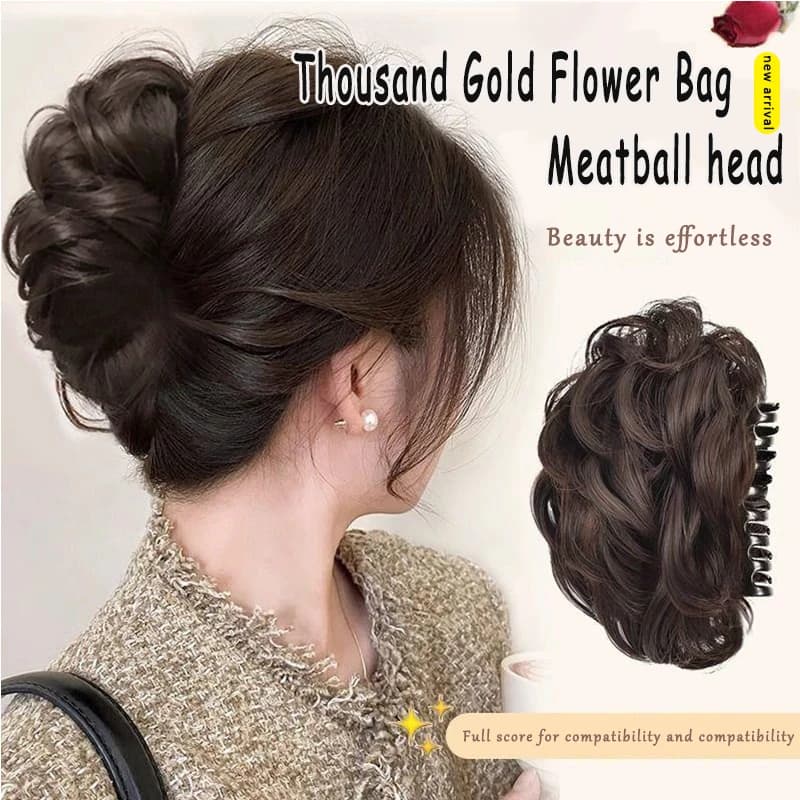 Synthetic wig clip with bun head short and long curly hair clip style flower bud fluffy and fashionable bun head