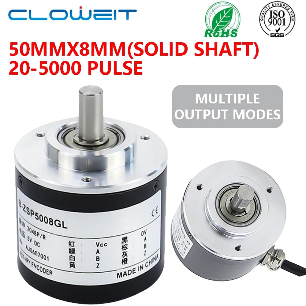 Cloweit 50mm Incremental Rotary Encoder 8mm Shaft Photoelectric Optical Switch AB 2 Phases 10-1024-3600 PPR 5-24VDC