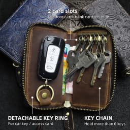 Genuine Leather Key Wallet Handmade Smart Key Pocket Keychain Credit Card Slot Portable Card Wallet With Zipper For Men, Women