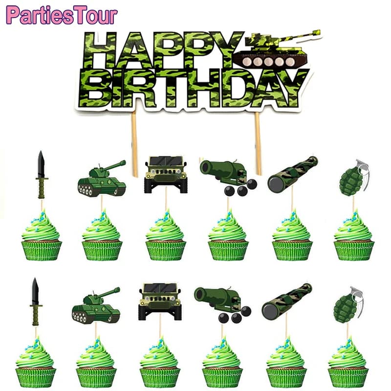 Army Birthday Party Decor Camo Cake Toppers Camouflage Tank Plane Cupcake Topper Birthday Soldier Military Party Supplies