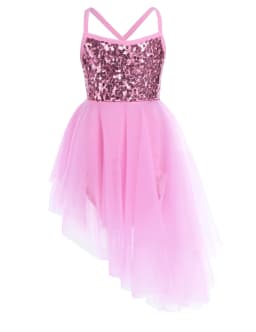 Kids Girls Sequins Ballet Tutu Dress Sleeveless Hi-lo Fairy Tulle Gymnastics Leotard Dress Ballerina Dance Performance Costumes
