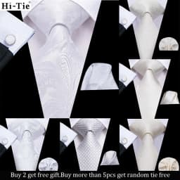 Hi-Tie White Solid Paisley Gift Men Tie Gravata Wedding Tie For Men Hanky Cufflink Set Fashion Design Business Dropshipping