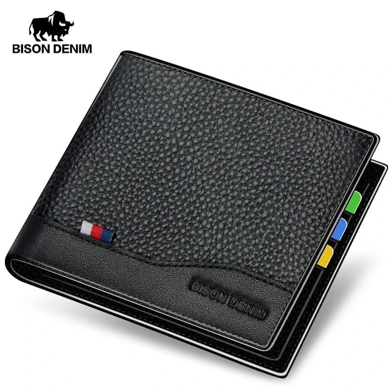 BISONDENIM Genuine Leather Men Wallets Coin Pocket Card Holder Male Purse Fashion Wallets High Quality Gift for Husband Father