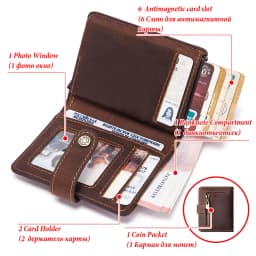 Crazy Horse Leather Card Holder Short Mini Wallets for Men with RFID Protection Aluminum Pop Up Smart Wallet with Zipper Pocket