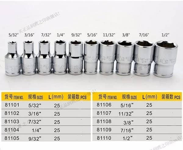 BESTIR Taiwan Made 6.3mm 1/4' DR. 6PT Inch Size Socket Wrench 5/32' 3/16' 7/32' 1/4' 9/32' 5/16' 11/32' 3/8' 7/16' 1/2' Car Tool