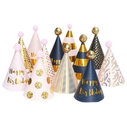 Happy Birthday Cone Hat Girls Boys Pink Black Gold Hats with Pom Poms Paper Cone Striped Dot Hat Birthday Party Decor Supplies