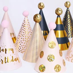 Happy Birthday Cone Hat Girls Boys Pink Black Gold Hats with Pom Poms Paper Cone Striped Dot Hat Birthday Party Decor Supplies