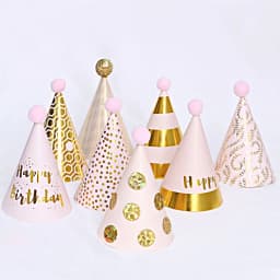 Happy Birthday Cone Hat Girls Boys Pink Black Gold Hats with Pom Poms Paper Cone Striped Dot Hat Birthday Party Decor Supplies