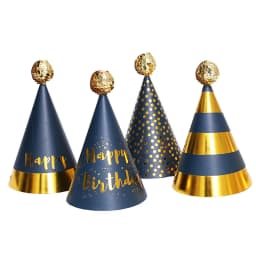 Happy Birthday Cone Hat Girls Boys Pink Black Gold Hats with Pom Poms Paper Cone Striped Dot Hat Birthday Party Decor Supplies