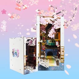 DIY Wooden Book Nook Shelf Insert Kits Miniature Cherry Blossom Bookends Japanese Doll Houses Toys Bookshelf Gifts Home Decor