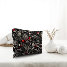 1pc Gothic Makeup Bag with Gothic Symbols (Pentagrams, Skulls, Bats, Occult) - Black & Red Gothic Cosmetic Case