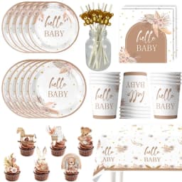 Hello Baby Gender Reveal Party Supplies Disposable Tableware Paper Plates Napkins Cups Cake Topper Baby Shower Party Decors
