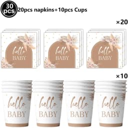 Hello Baby Gender Reveal Party Supplies Disposable Tableware Paper Plates Napkins Cups Cake Topper Baby Shower Party Decors