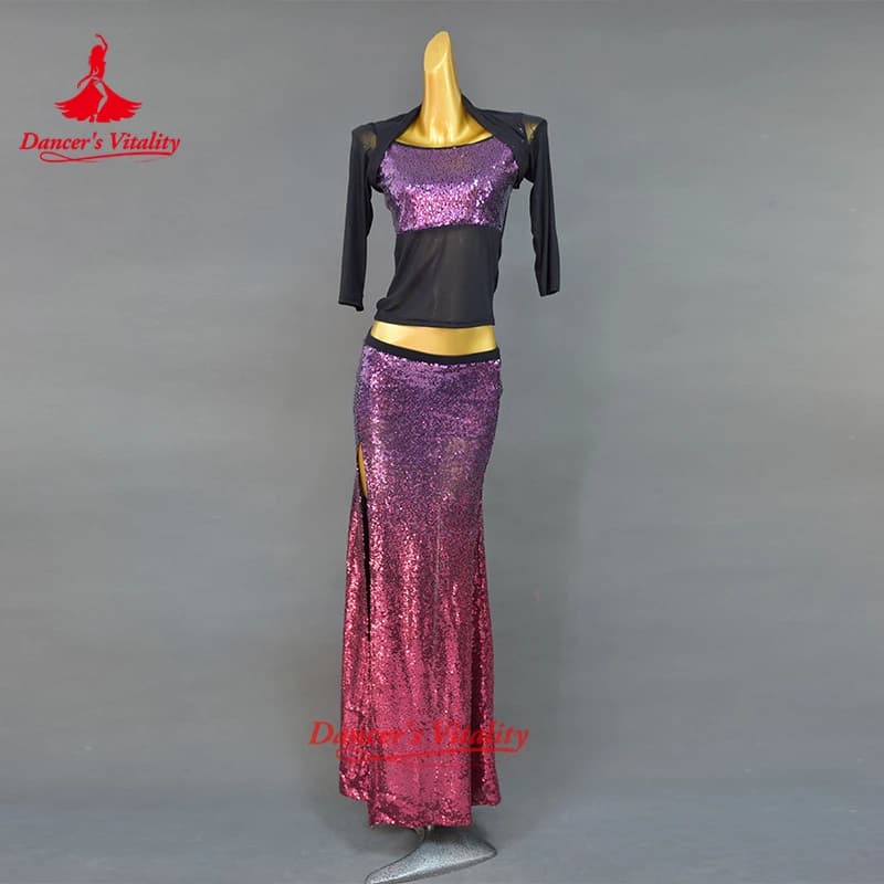 Women New Belly Dance Set Oriental Dance Dance Competition Sequin Costume Top+Fishtail Skirt 2pcs gypsy skirt costume set