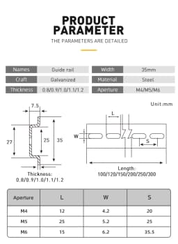 Steel Universal 35mm Slotted DIN Linear Rail Thickness 0.9mm Spacing 35mm Length 10/12/15/20/25/30cm Terminal Block Din Rail