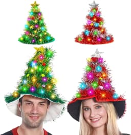 Adults Kids Blinking Glowing Christmas Tree Hats Santa Hat with Tinsel LED Colorful Lights Star New Year Costume