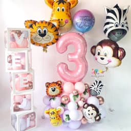 31pcs Wild Animal Pink Balloon Tower with 1-9 Number Balloon for Girl's Wild One Themed Birthday Jungle Safari Party Decoration