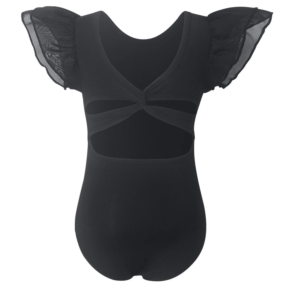 Girls Black Ballet Dance Leotards Ruffle Short Sleeve Gymnastics Outfits Hollow Back Tumbling Bodysuits Practice Costume